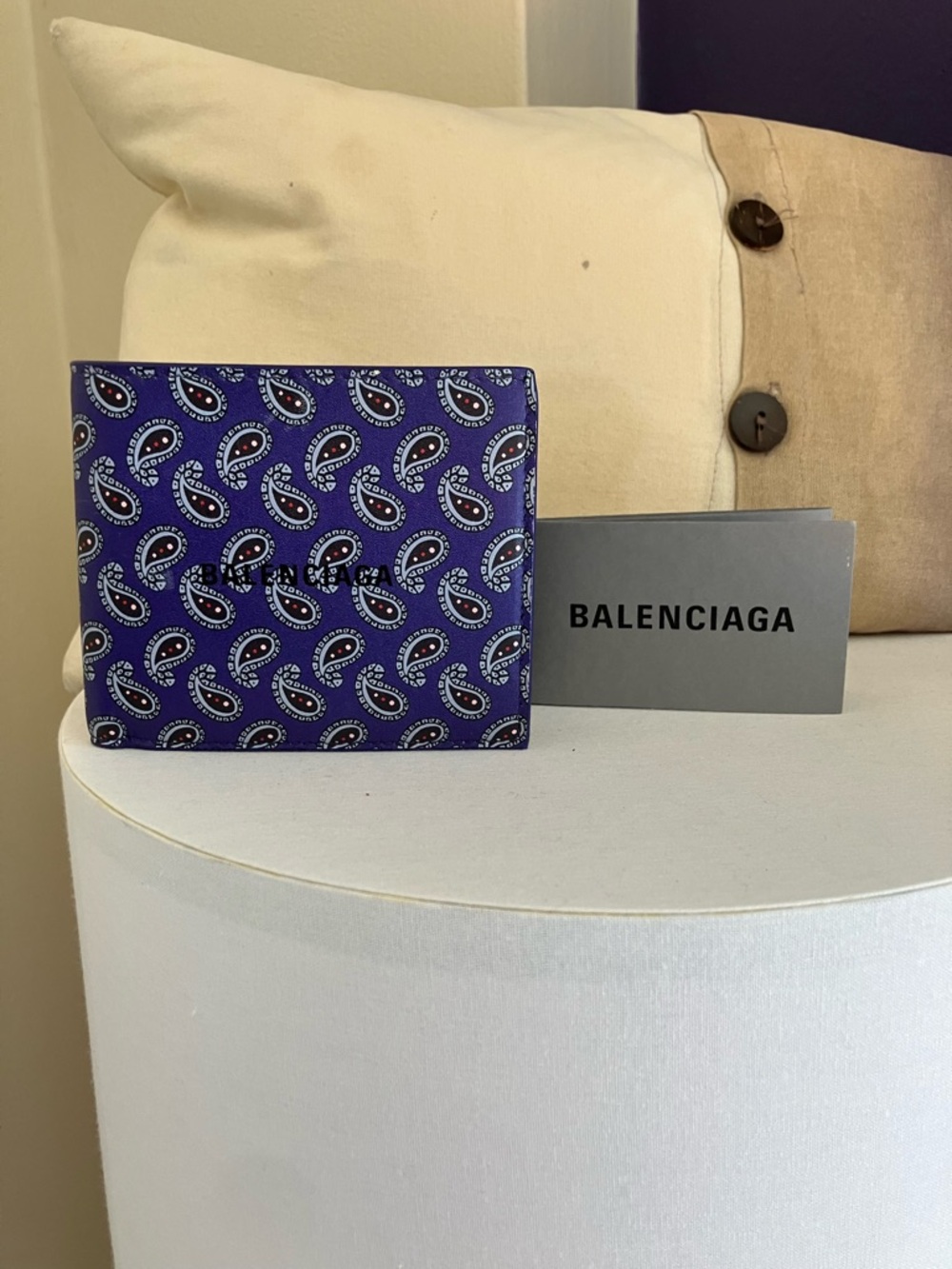 New Balenciaga Purple Leather Paisley Print Bi-fold Wallet